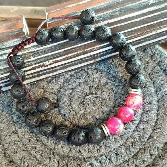 Handcrafted Chakra Bracelet Deep Pink Aqua Terra Jasper Black Lava - Picture 4 of 7